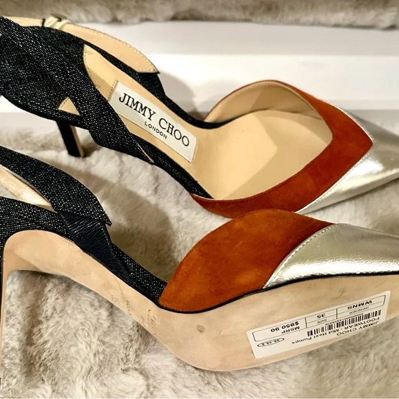 Jimmy Choo Silver, brown, and denim heels